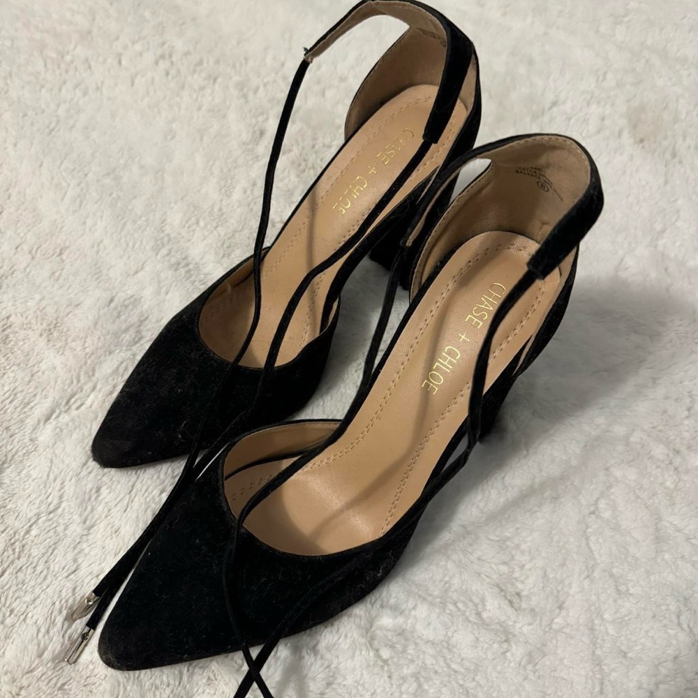 black suede closed pointed toe heels w/ ankle straps